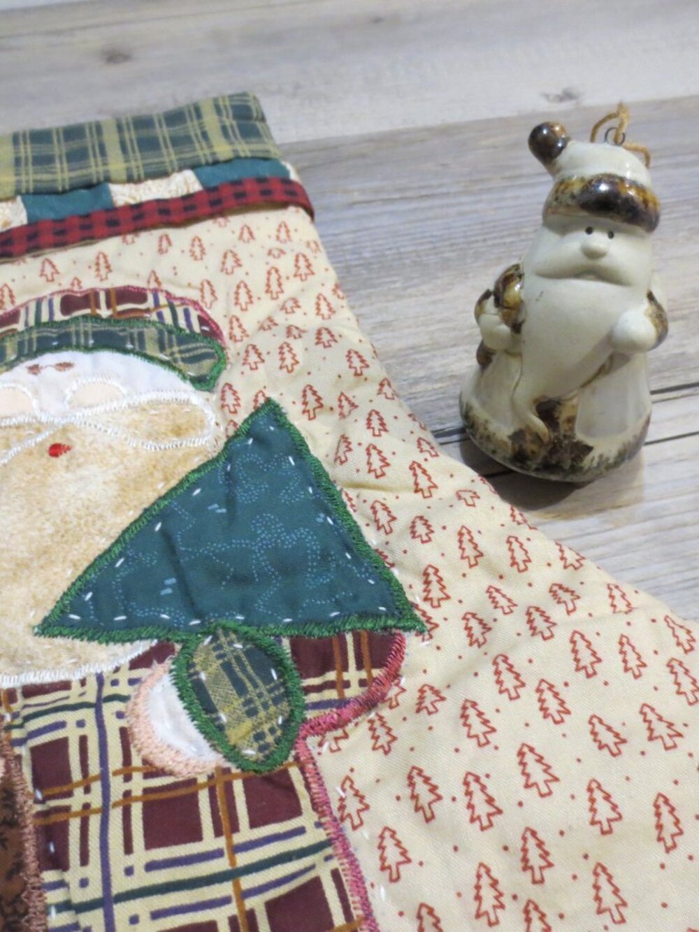 Vintage Santa Christmas Stocking and Ceramic Ornament Bundle Country Cottage